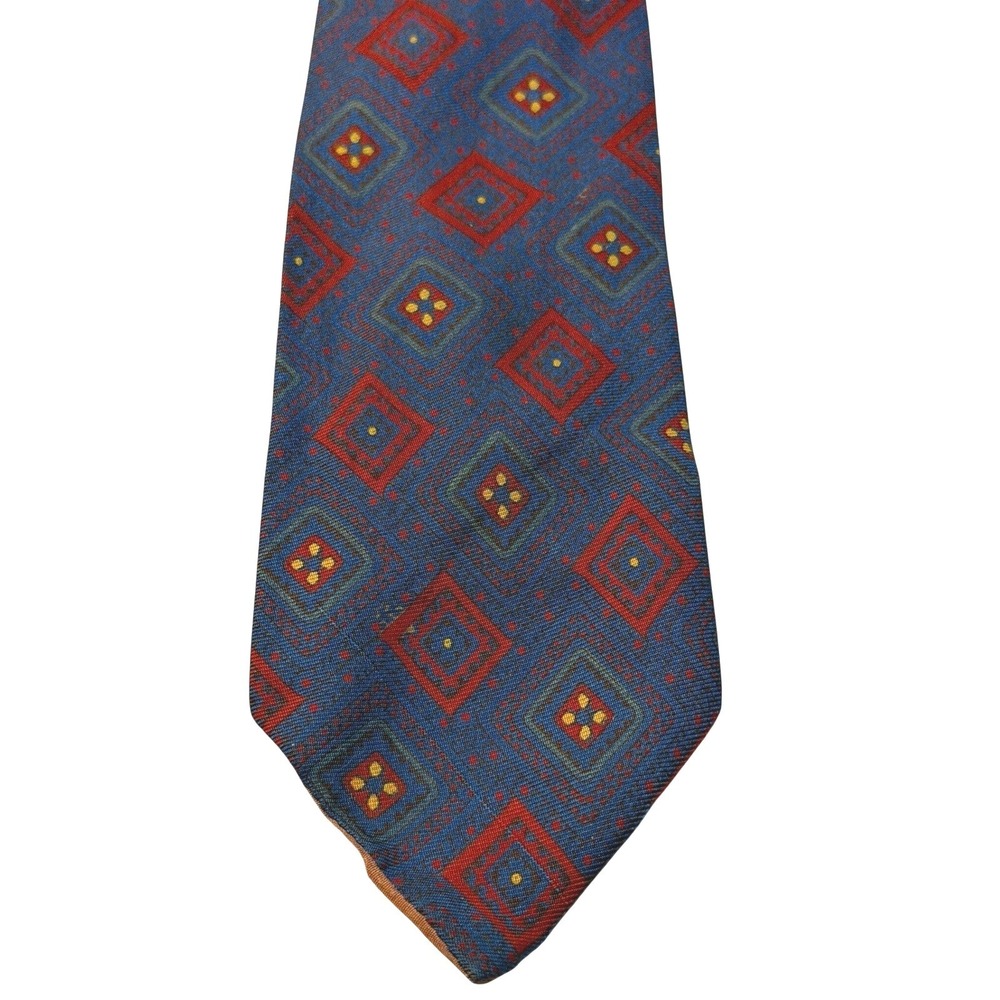 Gieves Necktie Blue Red Geometric Diamond Silk Made in England Vintage